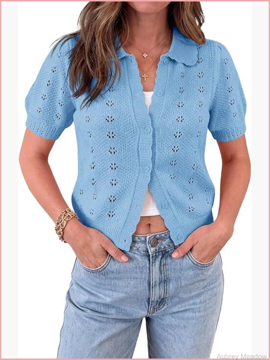 Sweaters - Lightweight Cotton Crochet Knit Cardigan Short Sleeve Button Front